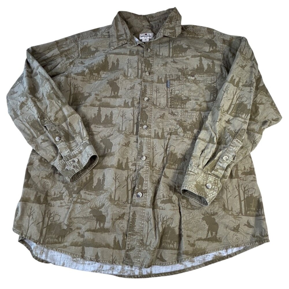 Woolrich Mens 2XL Button-Up Twig Moose Pattern Shirt 100% Cotton Long Sleeve EUC